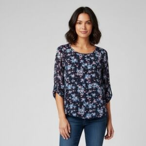 Pink Republic Navy Blue Floral 3/4 Length Sleeve Cottagecore Blouse Medium